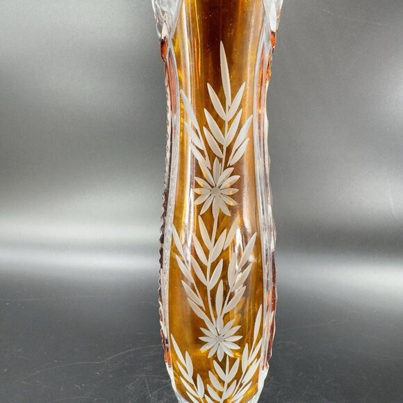 Vintage Czech Bohemian Glass Crystal Vase Vessel Amber Etching Floral Decor Vase - Picture 14 of 16